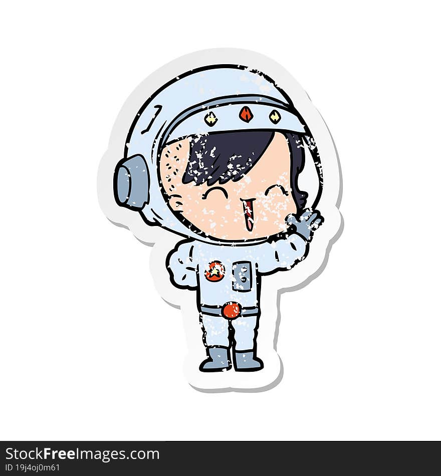 distressed sticker of a cartoon happy astronaut girl waving