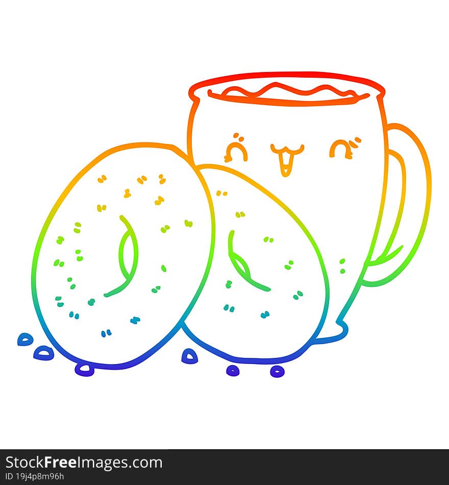 Rainbow Gradient Line Drawing Cartoon Coffee And Donuts