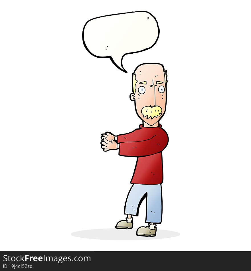 cartoon balding man explaining with speech bubble