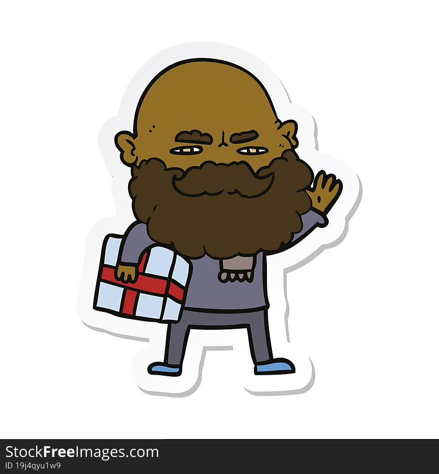 sticker of a cartoon man with beard frowning with xmas gift