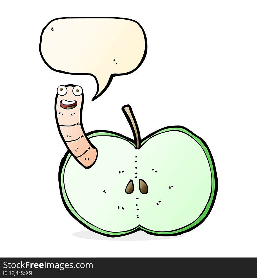 cartoon apple with worm with speech bubble