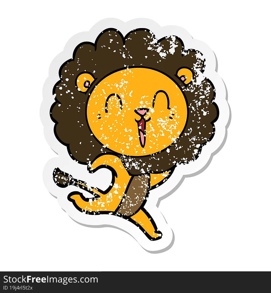 Distressed Sticker Of A Laughing Lion Cartoon Running