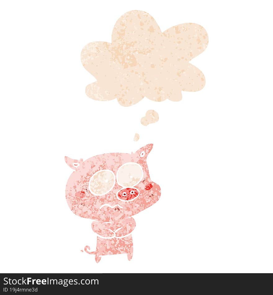 Cartoon Nervous Pig And Thought Bubble In Retro Textured Style