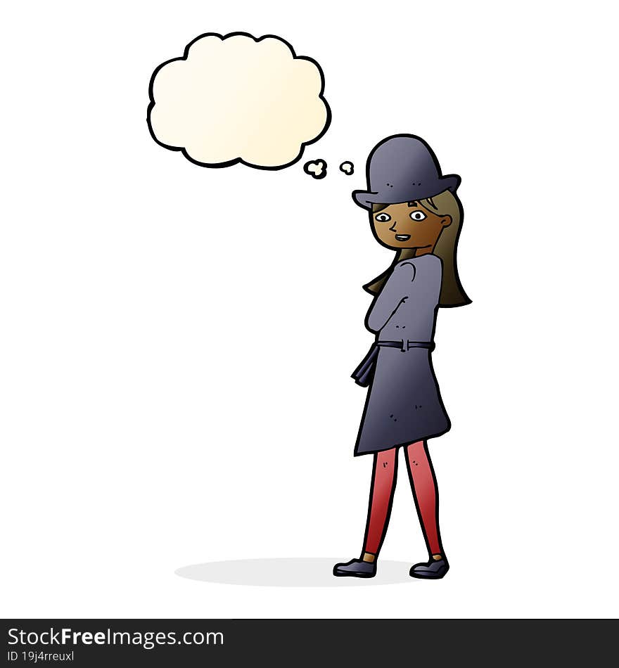 cartoon female spy with thought bubble