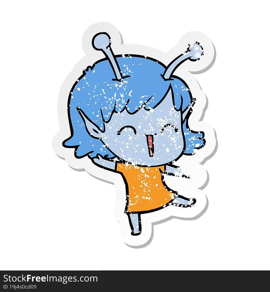 Distressed Sticker Of A Cartoon Alien Girl Laughing