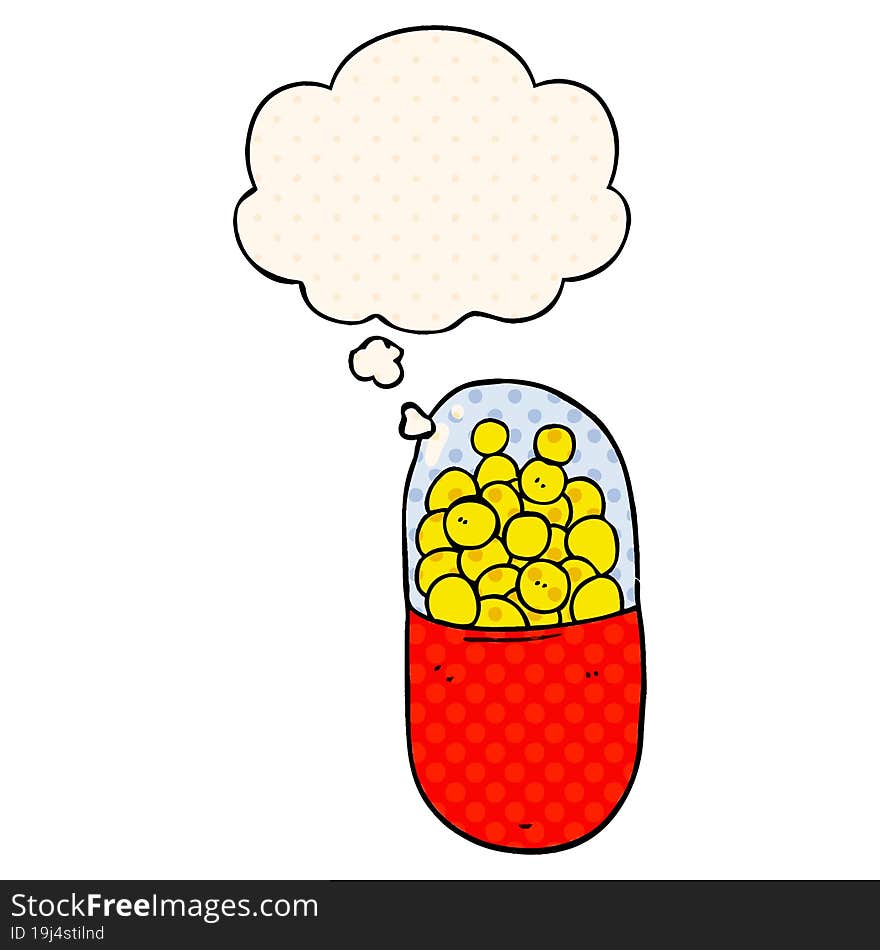 cartoon pill with thought bubble in comic book style