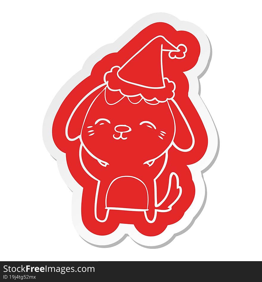 happy cartoon  sticker of a dog wearing santa hat