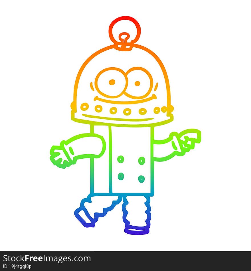 rainbow gradient line drawing of a happy carton robot with light bulb