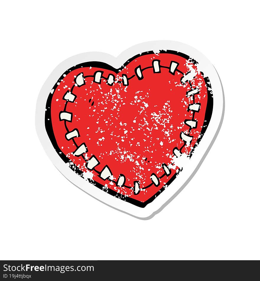 retro distressed sticker of a cartoon stitched heart