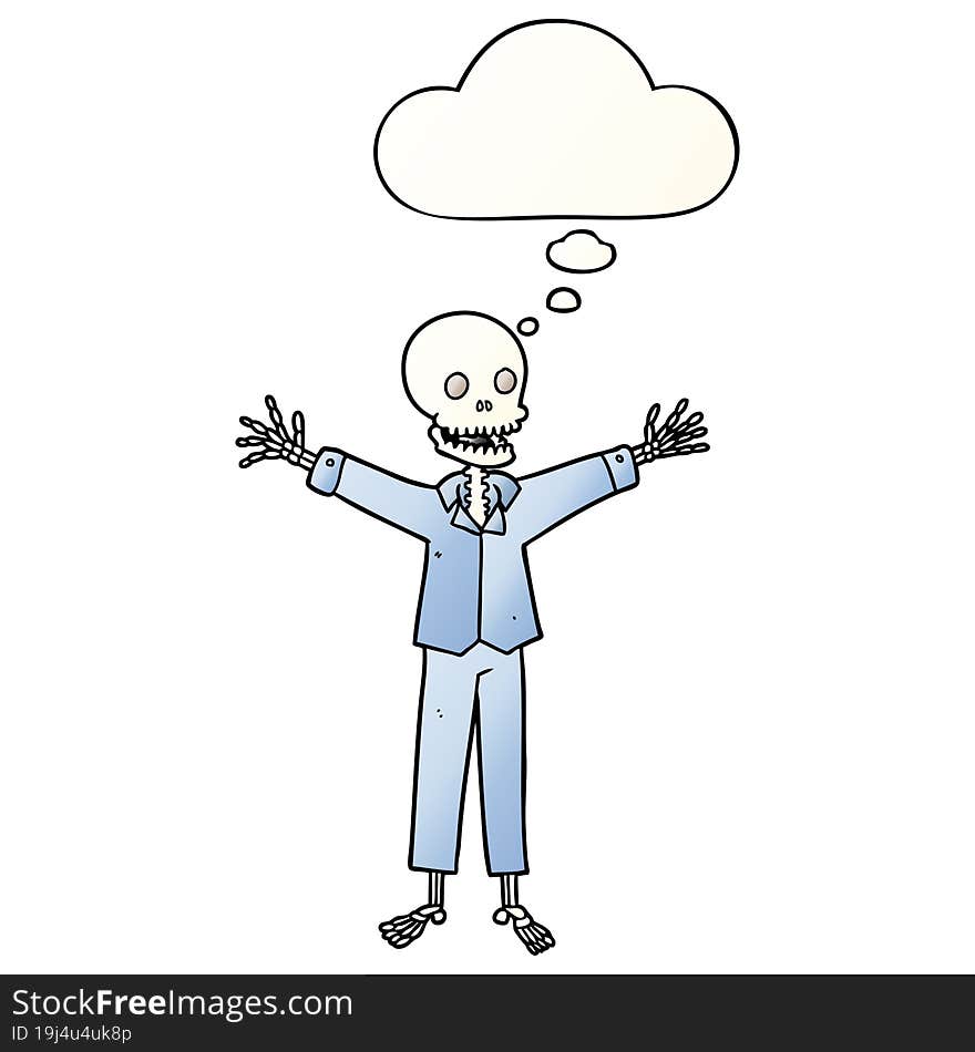 cartoon skeleton wearing pajamas with thought bubble in smooth gradient style