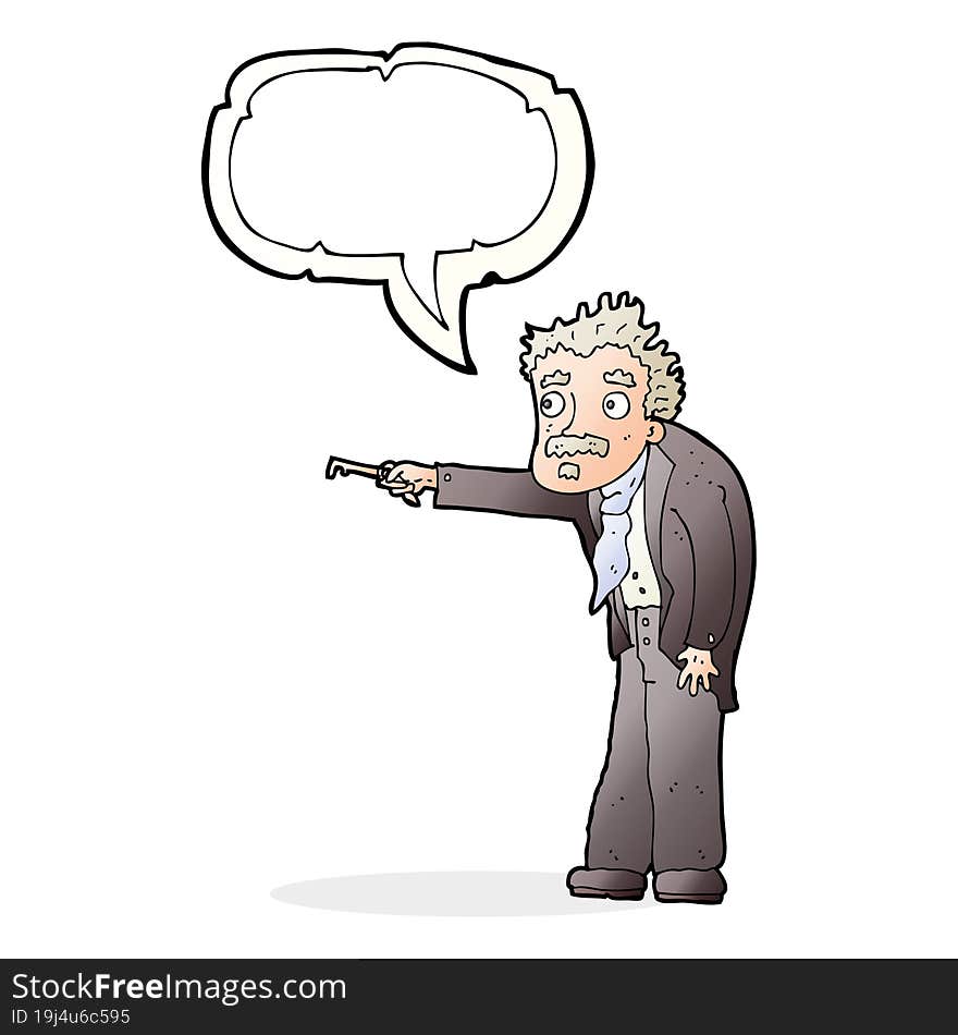 Cartoon Man Trembling With Key Unlocking With Speech Bubble