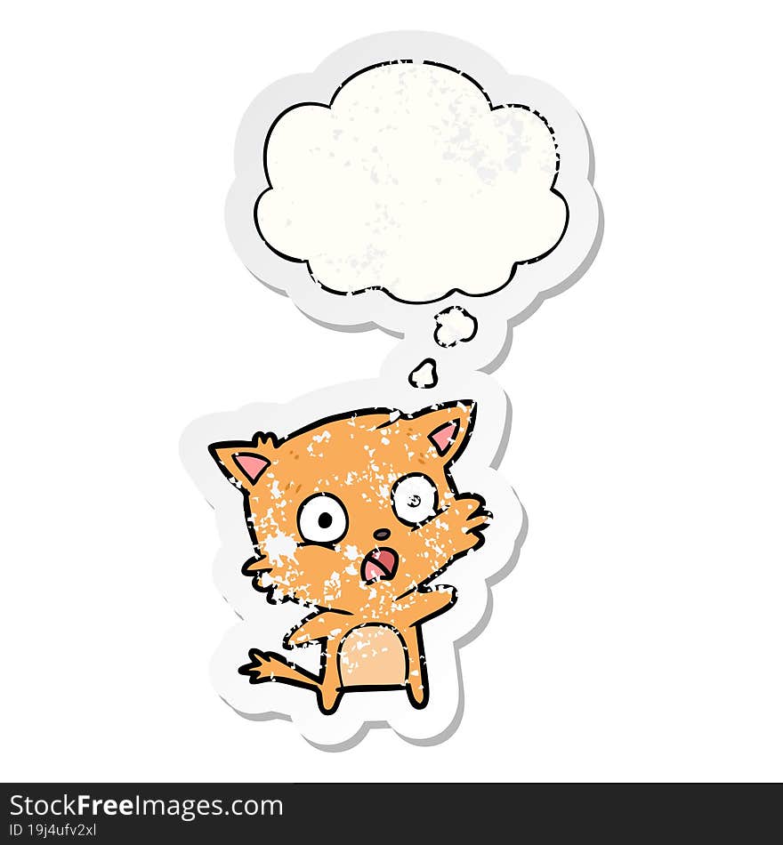 cartoon cat and thought bubble as a distressed worn sticker