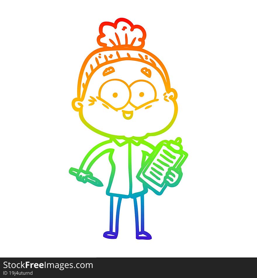 rainbow gradient line drawing of a cartoon happy old woman