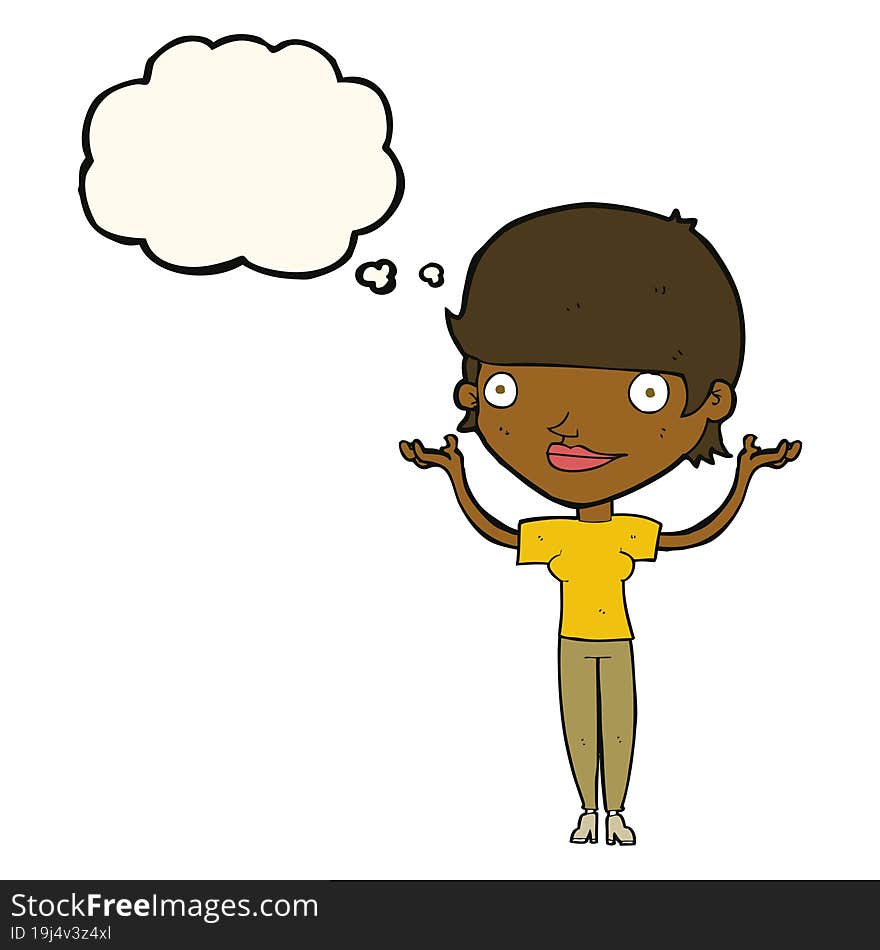 cartoon woman holding arms in air with thought bubble