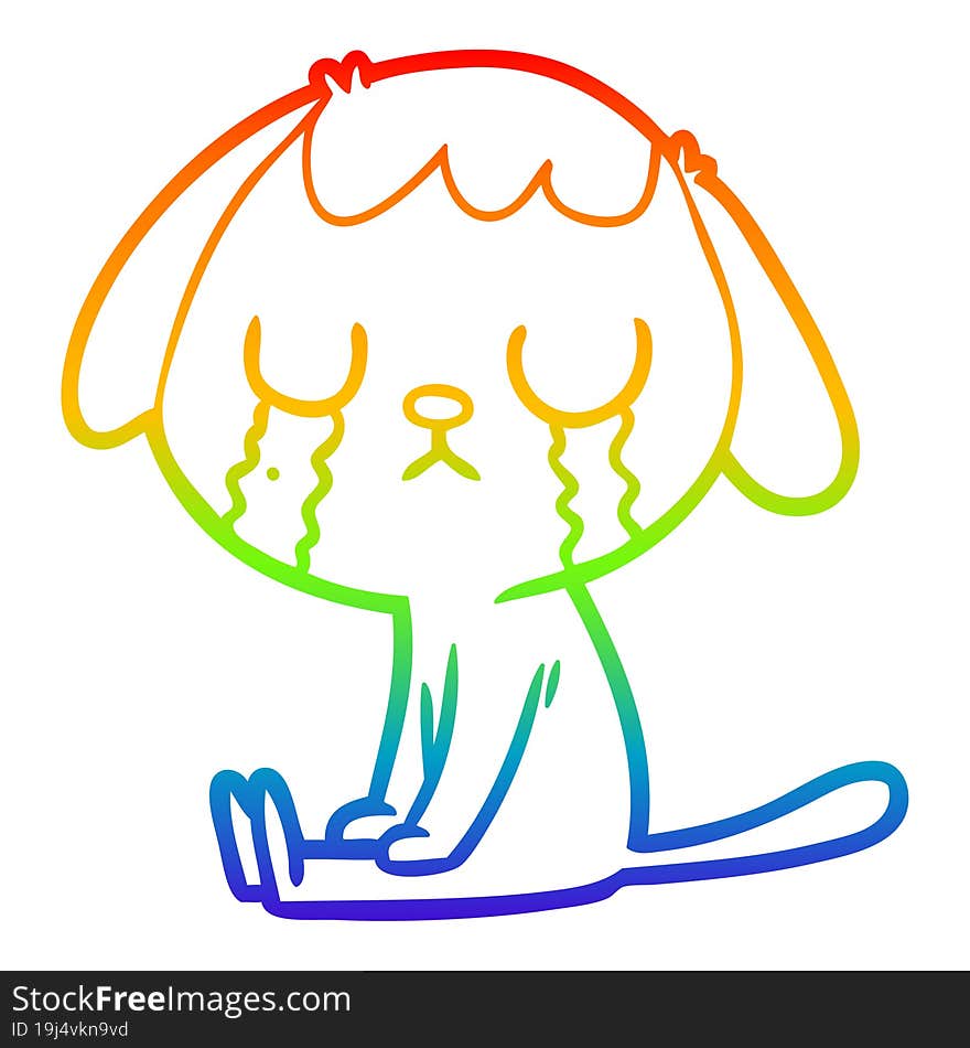 rainbow gradient line drawing of a cute cartoon dog crying