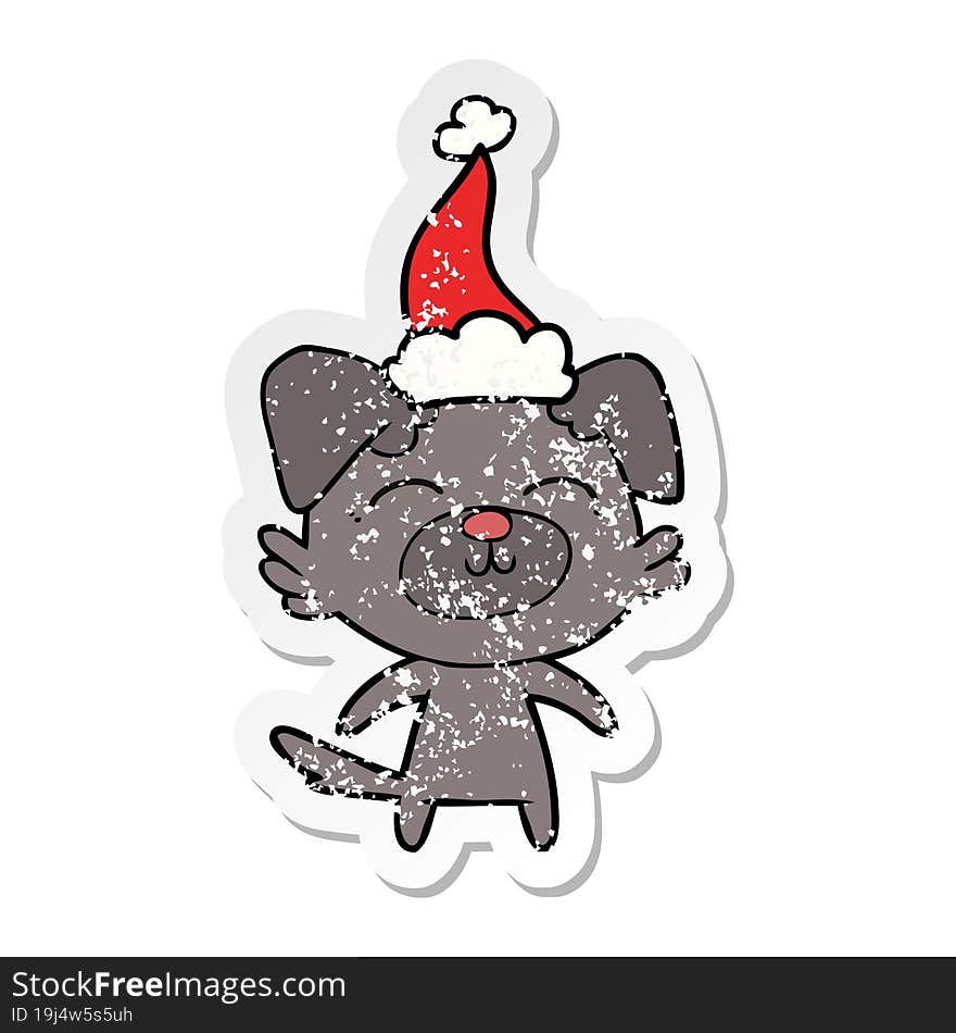 distressed sticker cartoon of a dog wearing santa hat