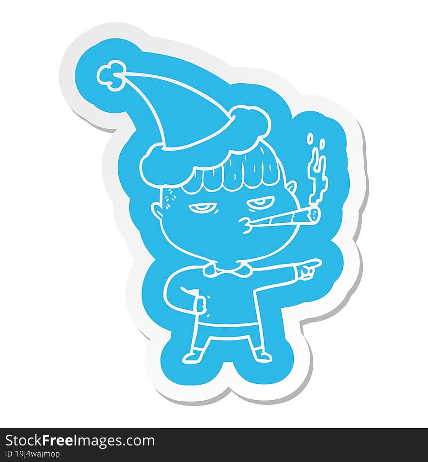 Cartoon  Sticker Of A Man Smoking Wearing Santa Hat