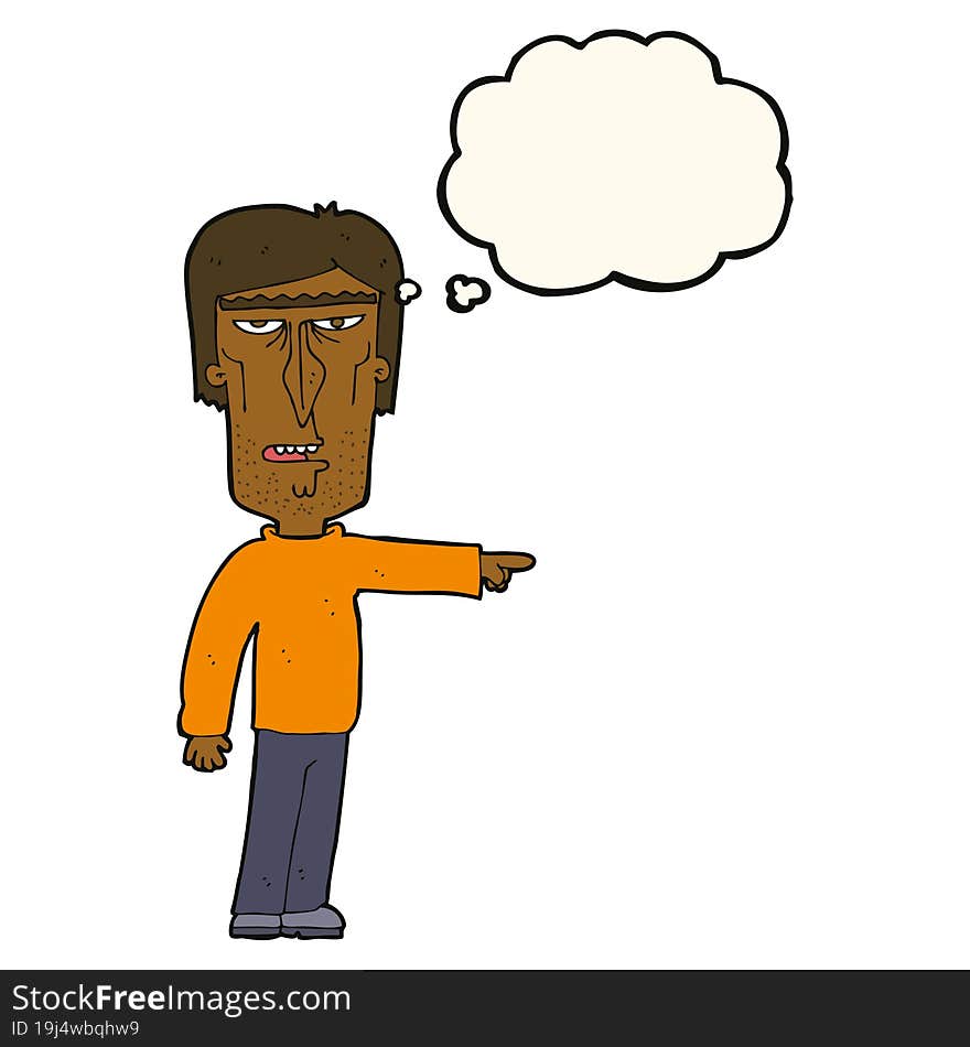 cartoon pointing man with thought bubble