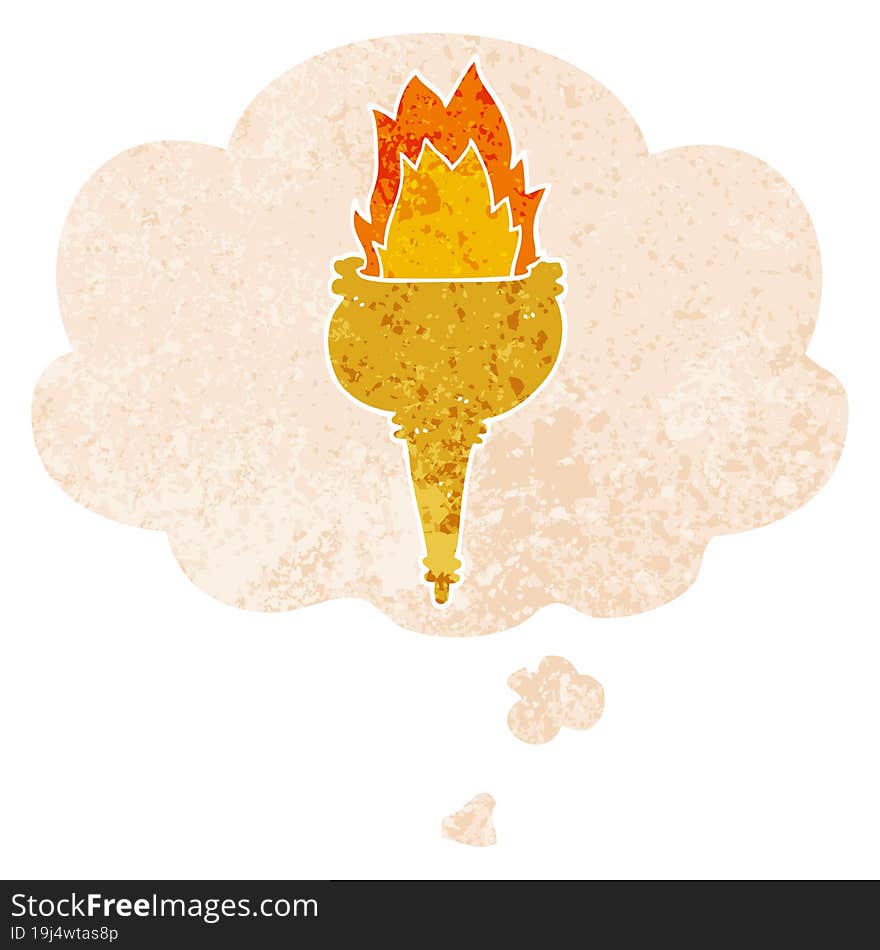 cartoon flaming torch and thought bubble in retro textured style