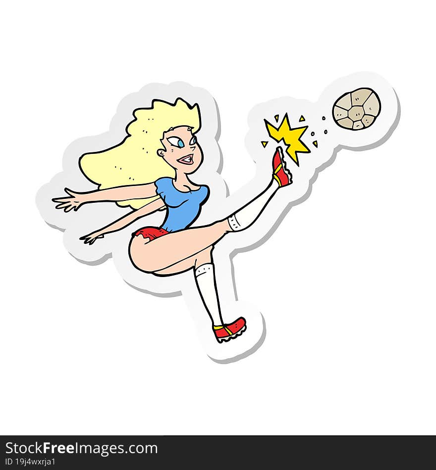 Sticker Of A Cartoon Female Soccer Player Kicking Ball