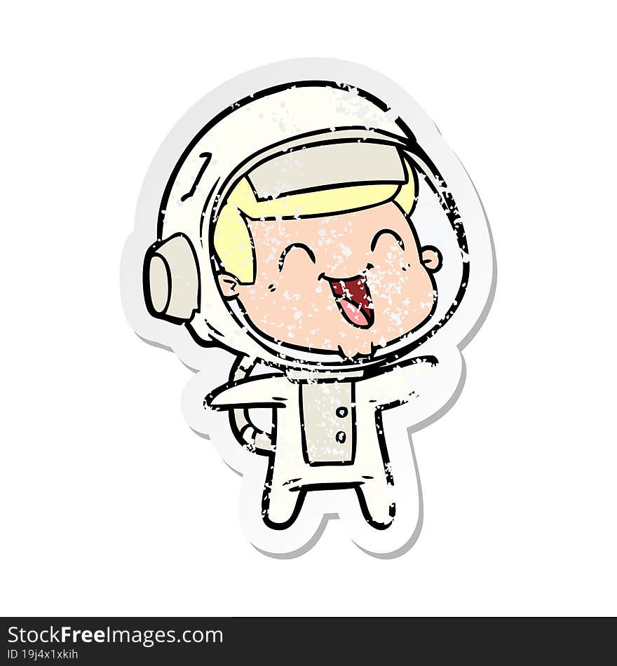 distressed sticker of a happy cartoon astronaut