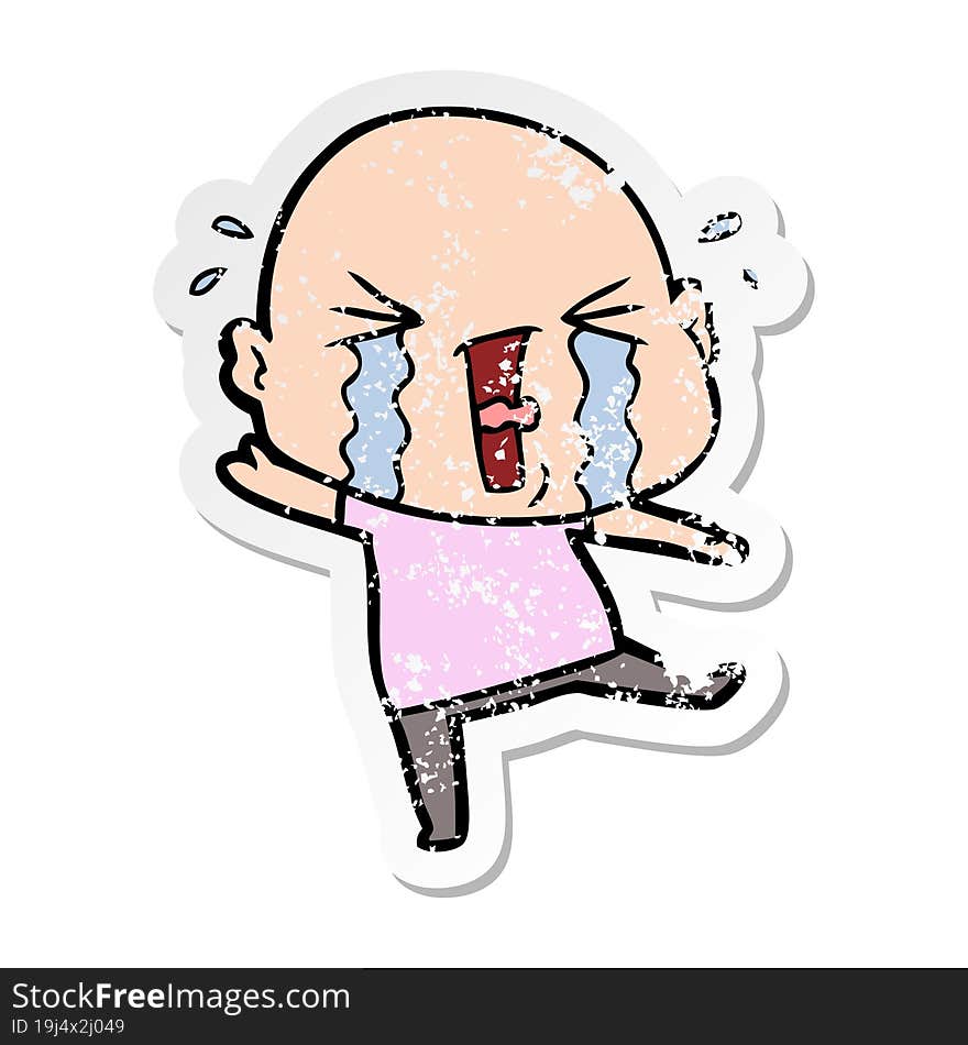 distressed sticker of a cartoon crying bald man