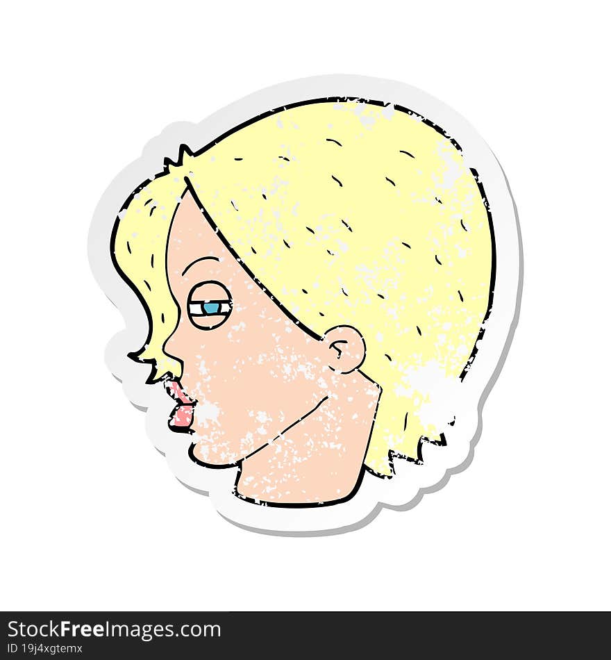 retro distressed sticker of a cartoon female face with narrowed eyes