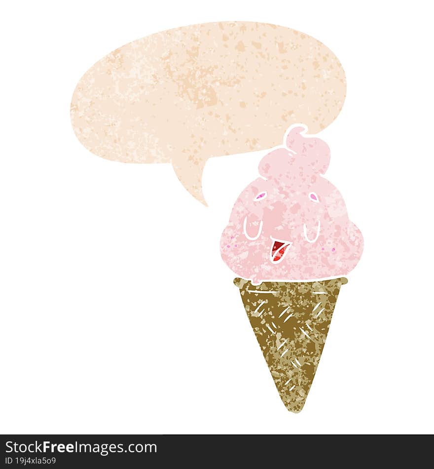 cute cartoon ice cream and speech bubble in retro textured style