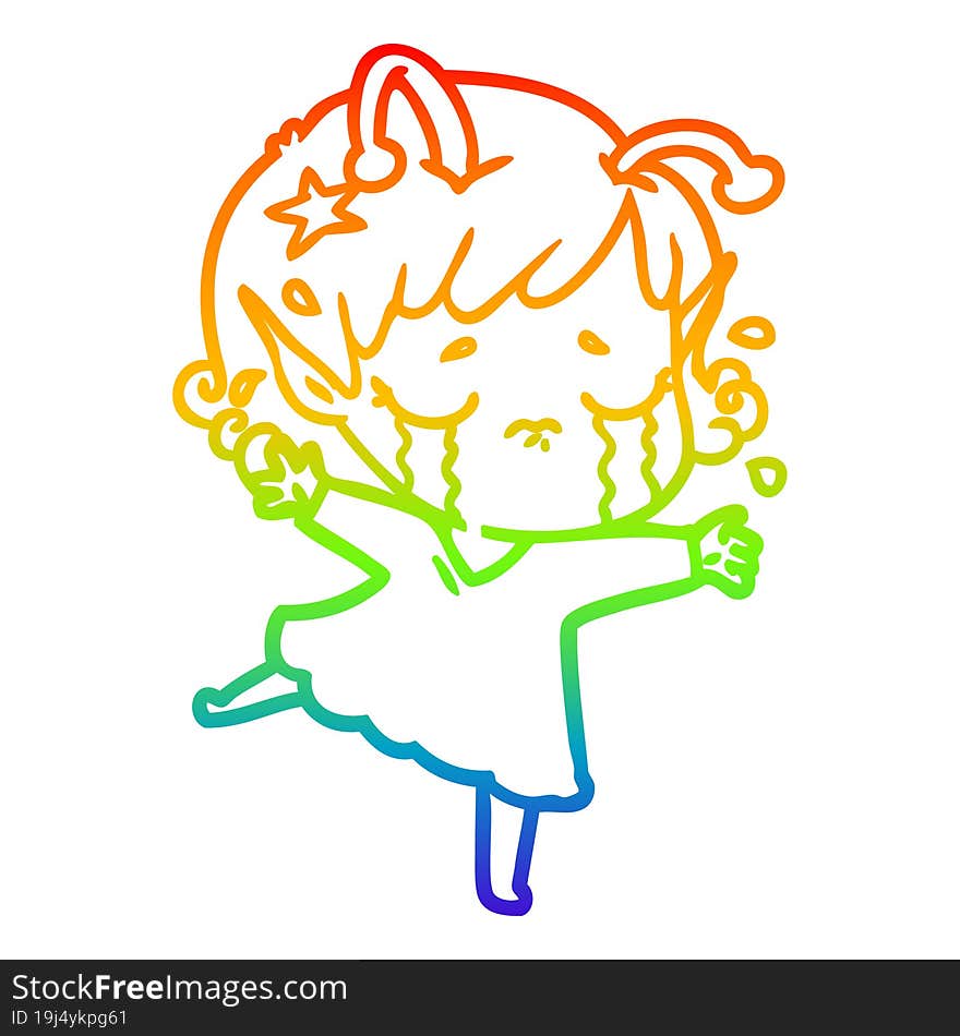 rainbow gradient line drawing cartoon crying alien girl