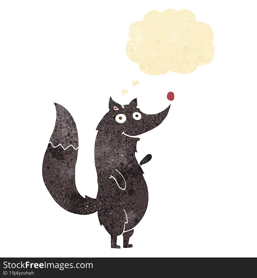 cartoon waving wolf with thought bubble