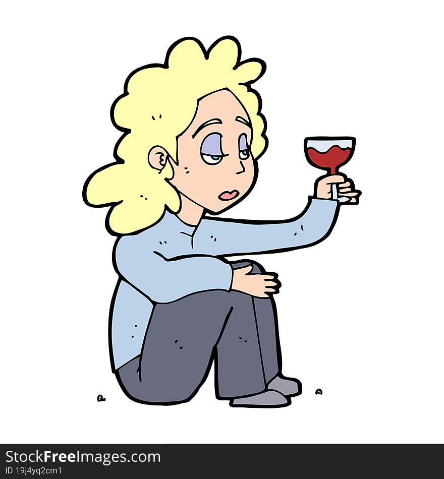 cartoon unhappy woman with glass of wine