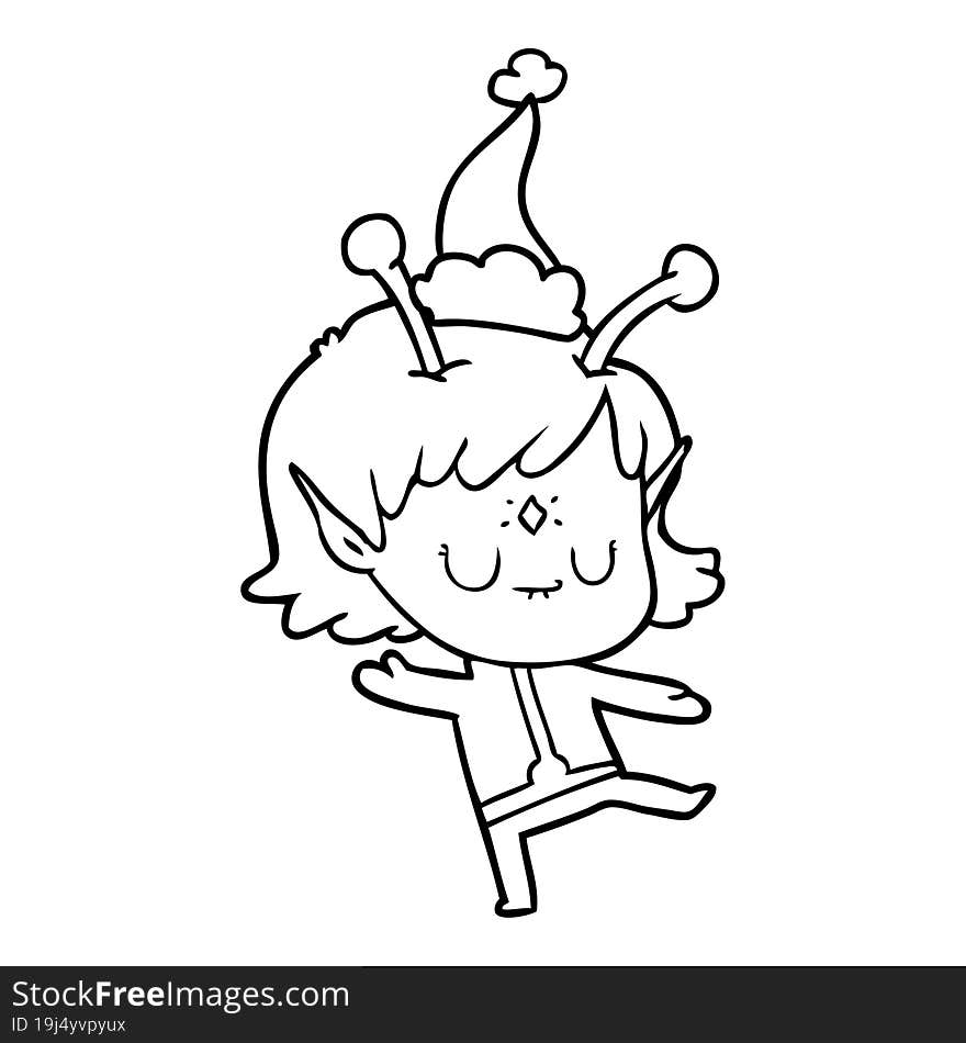 line drawing of a alien girl wearing santa hat