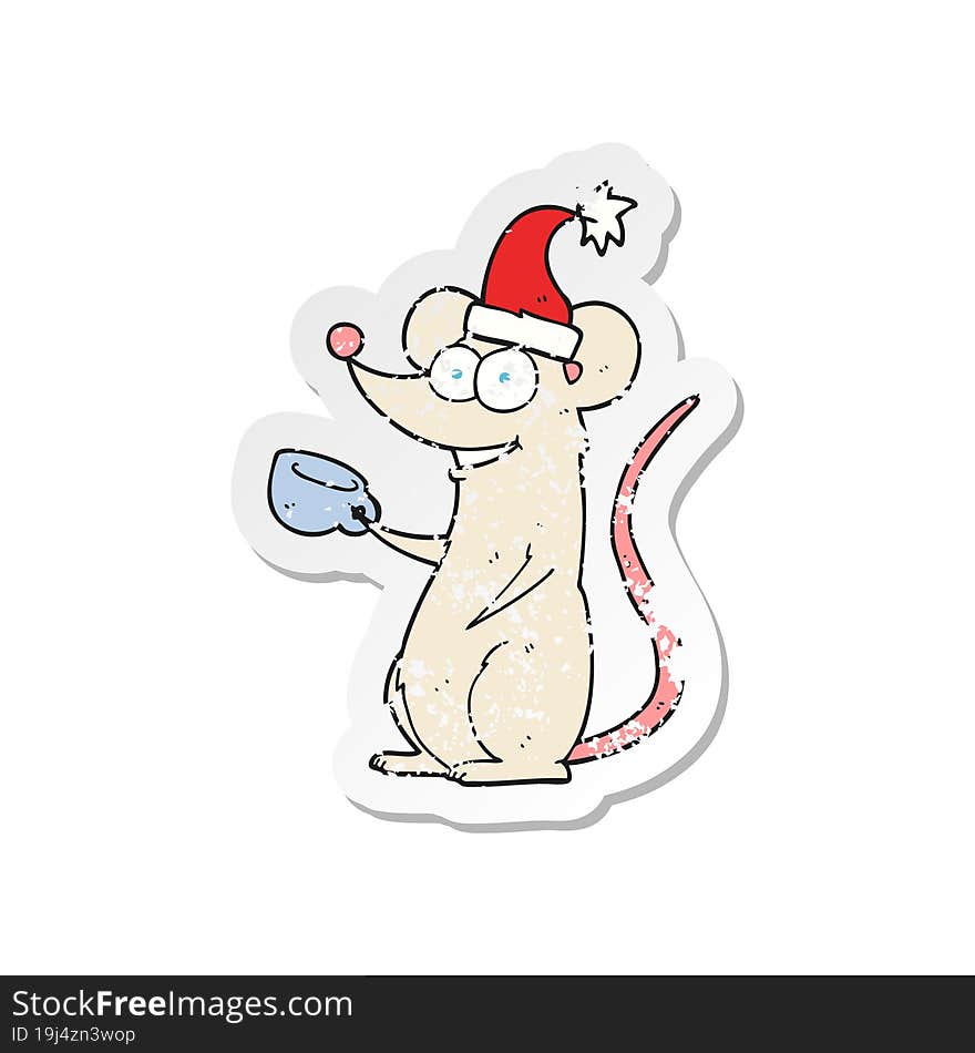 retro distressed sticker of a cartoon mouse wearing christmas hat