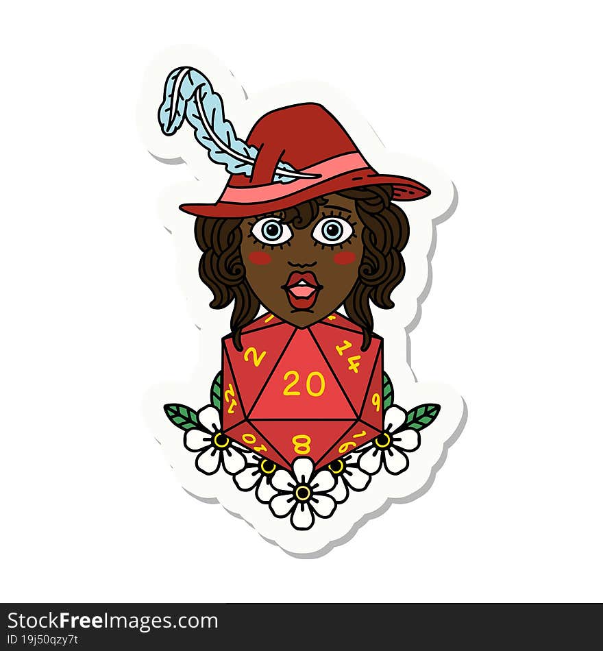 sticker of a human bard with natural 20 dice roll. sticker of a human bard with natural 20 dice roll