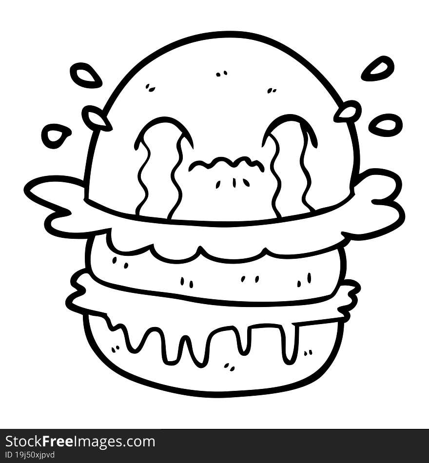 cartoon crying fast food burger. cartoon crying fast food burger