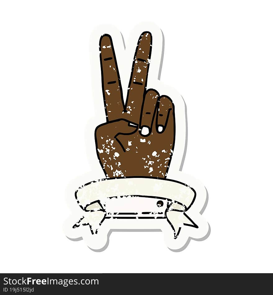 Retro Tattoo Style peace two finger hand gesture with banner. Retro Tattoo Style peace two finger hand gesture with banner