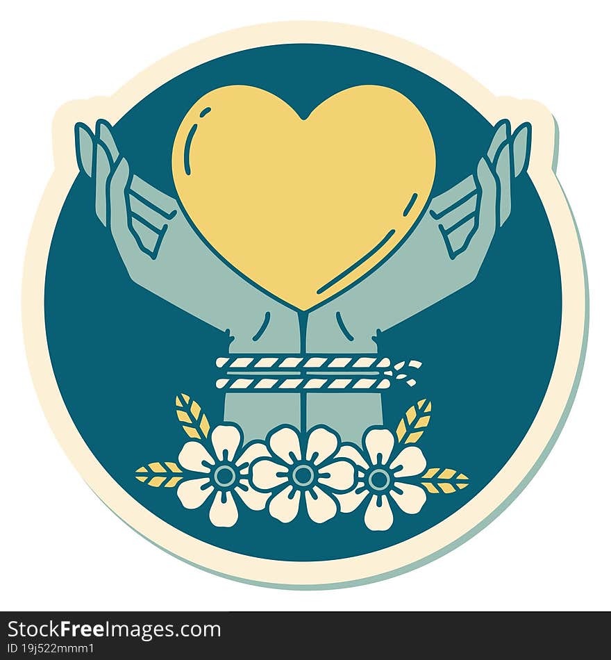 sticker of tattoo in traditional style of tied hands and a heart. sticker of tattoo in traditional style of tied hands and a heart