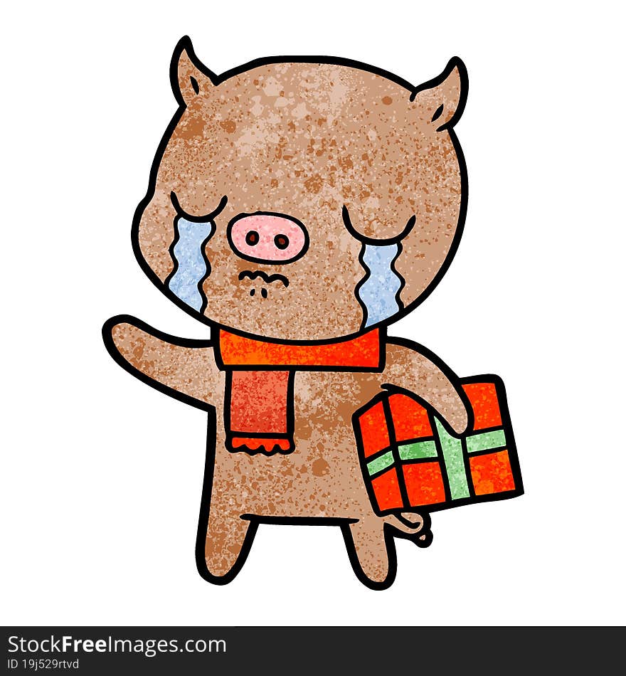 cartoon pig crying over christmas present. cartoon pig crying over christmas present