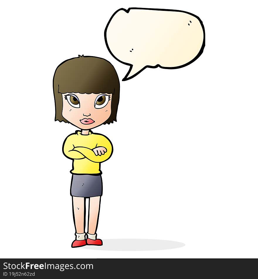 cartoon woman with crossed arms with speech bubble