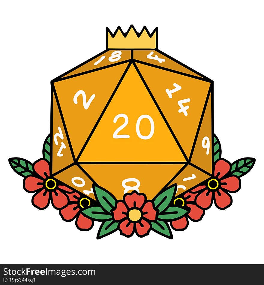 Natural 20 D20 Dice Roll With Floral Elements Illustration