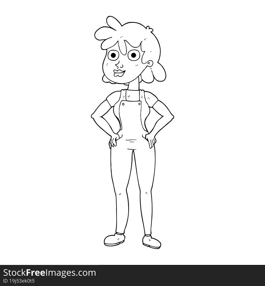 freehand drawn black and white cartoon farmer girl