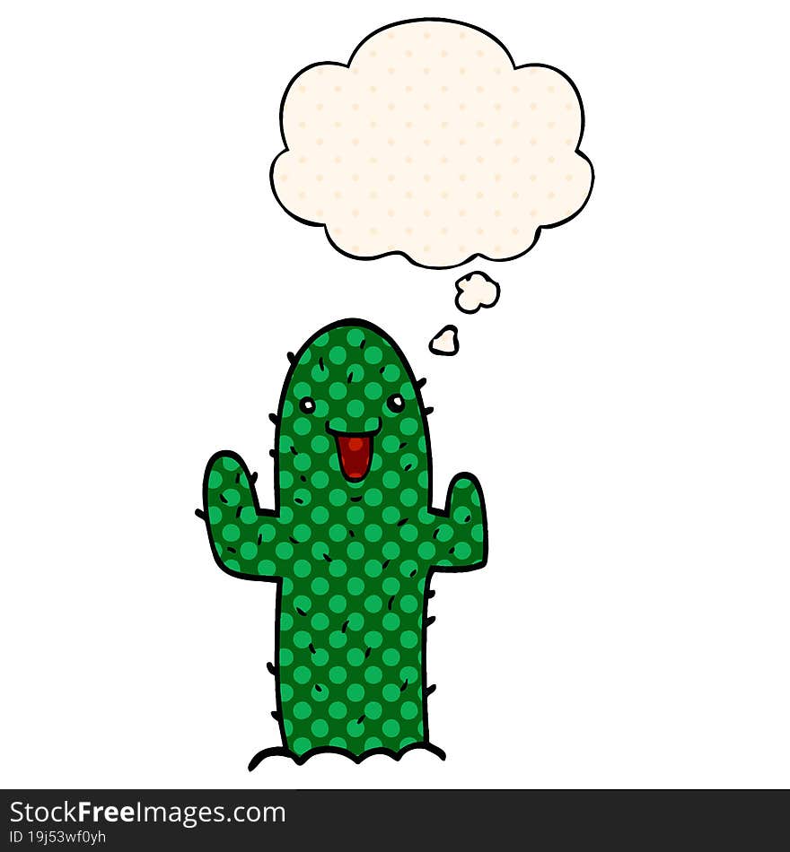 cartoon cactus and thought bubble in comic book style