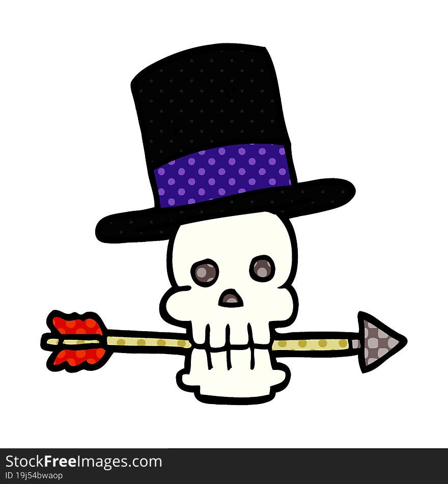 Cartoon Doodle Skull With Top Hat And Arrow