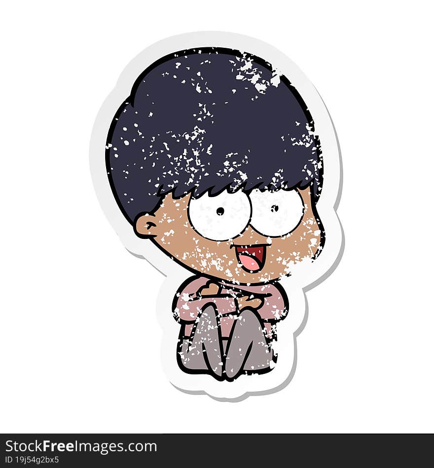 distressed sticker of a happy cartoon boy