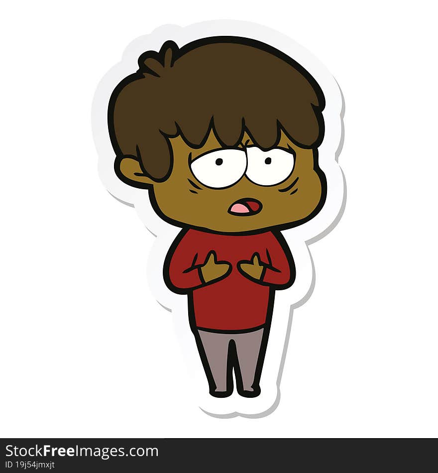 sticker of a cartoon exhausted boy