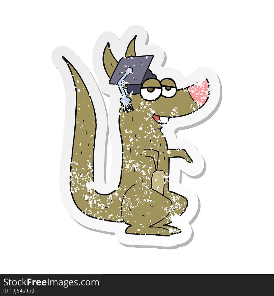 retro distressed sticker of a cartoon kangaroo with graduation cap