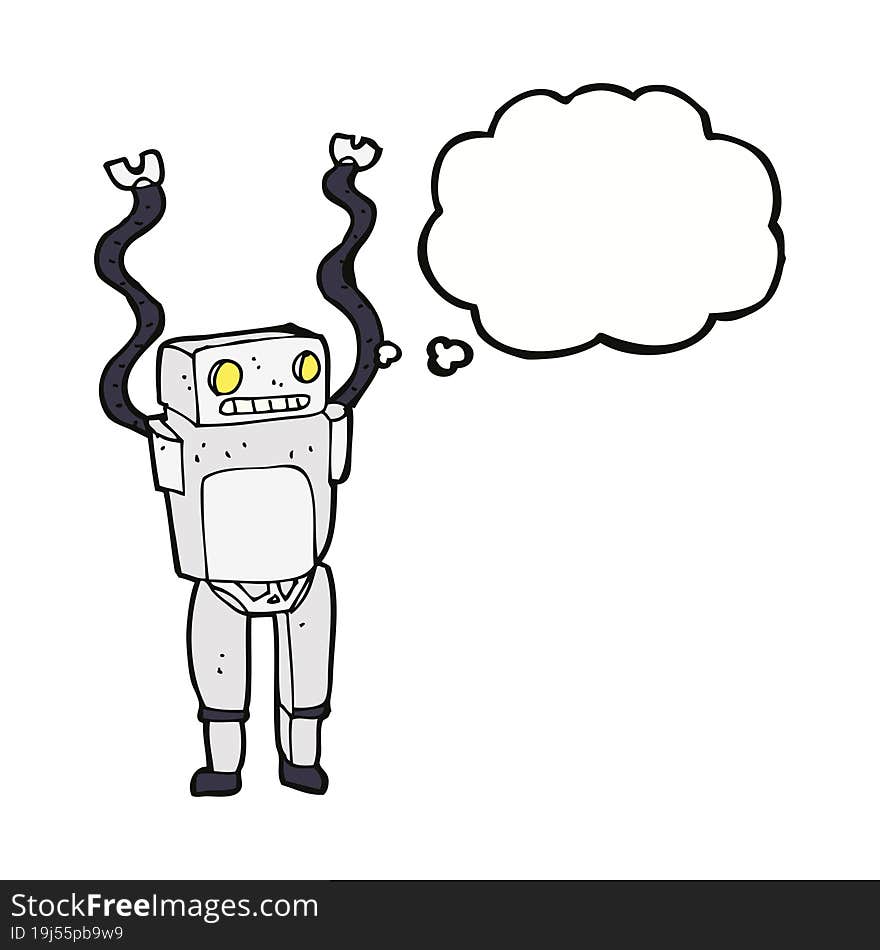 cartoon funny robot with thought bubble