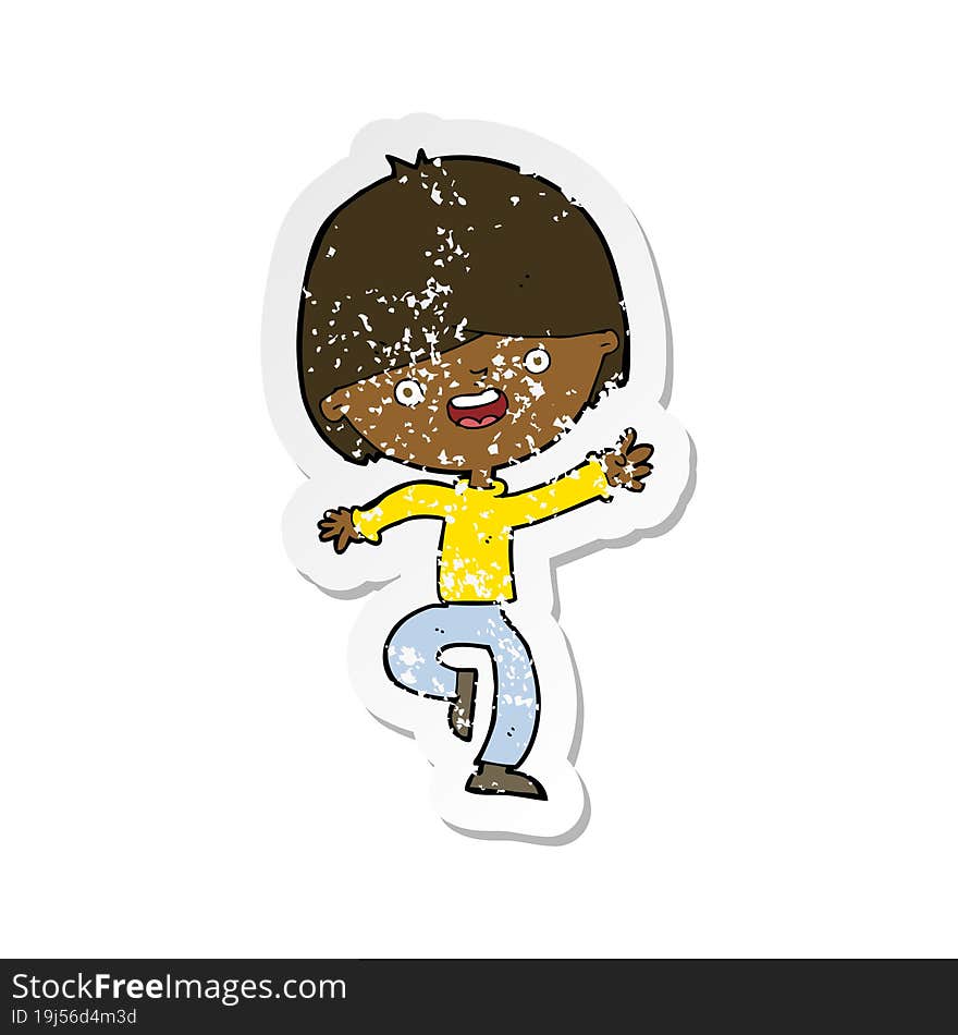 retro distressed sticker of a cartoon happy boy dancing