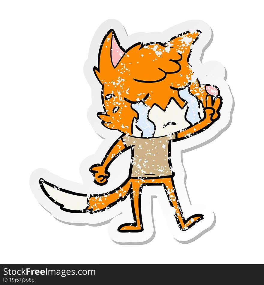 distressed sticker of a crying waving fox cartoon