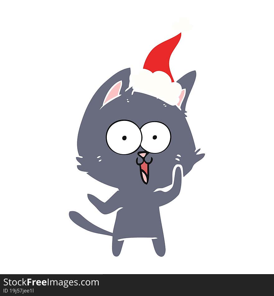 funny flat color illustration of a cat wearing santa hat